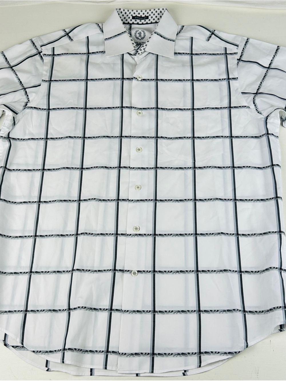 Bugatchi Button Shirt Mens Large White & Gray Window Check Short Sleeve